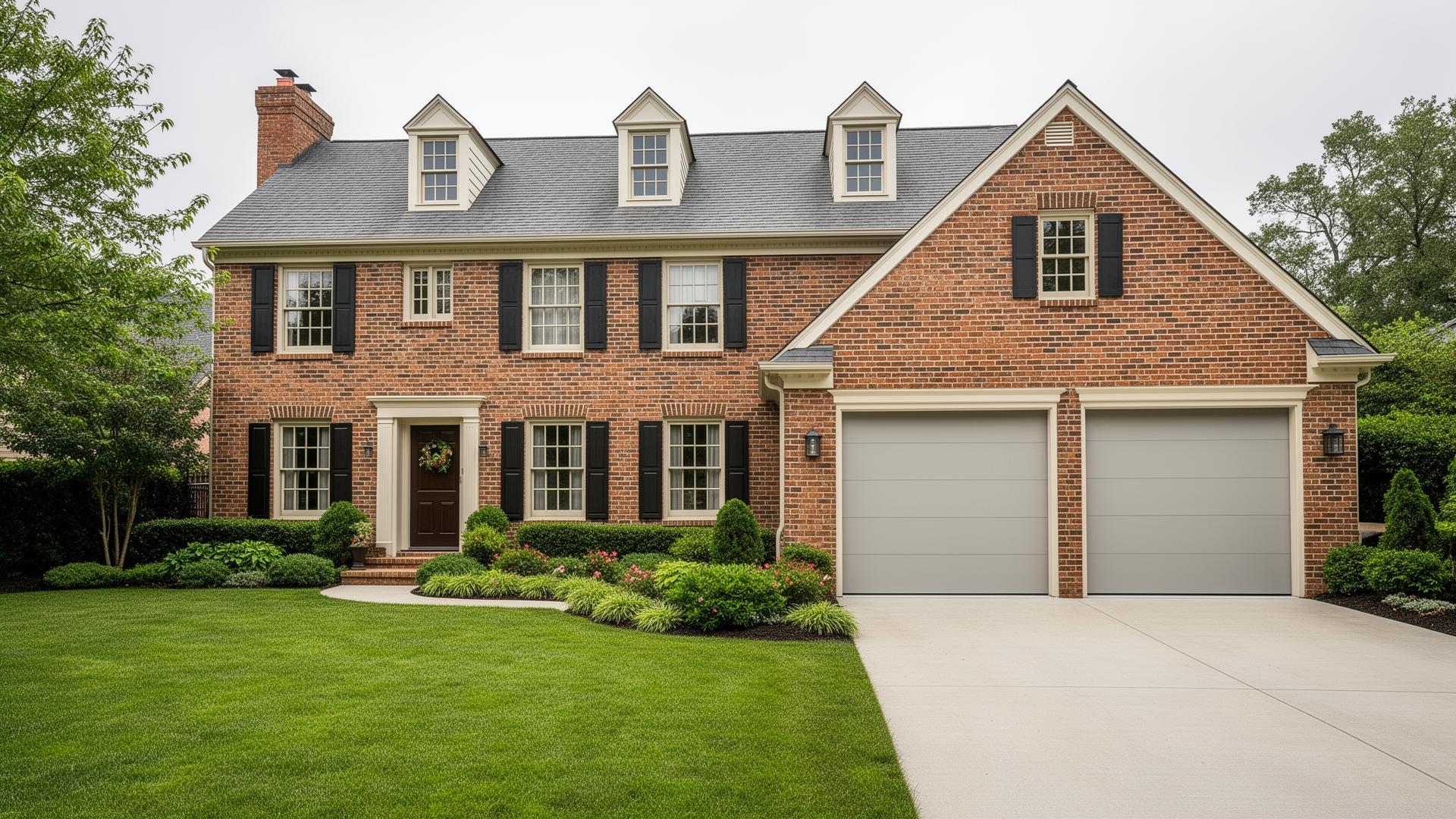 Elegant colonial home with modern flush panel garage doors in Connecticut